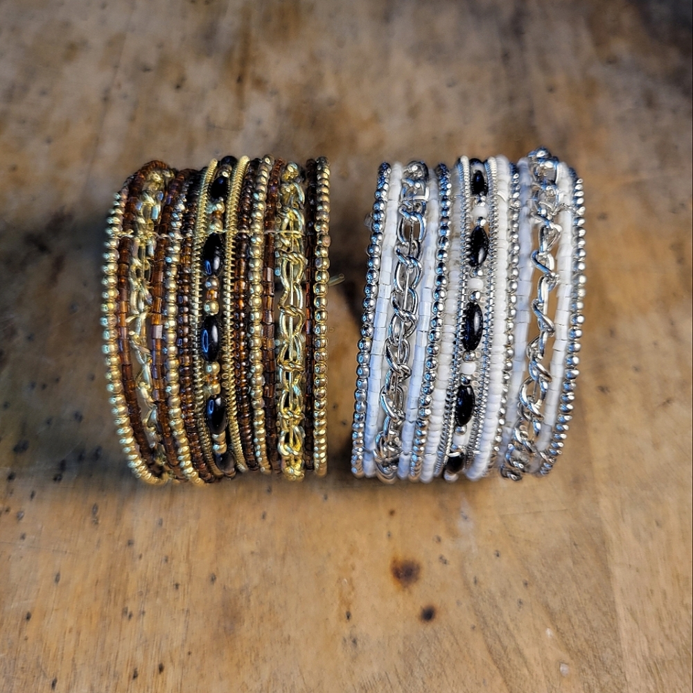 Set of 2 wide boho cuff wire and seed bead bracelets gold and white
